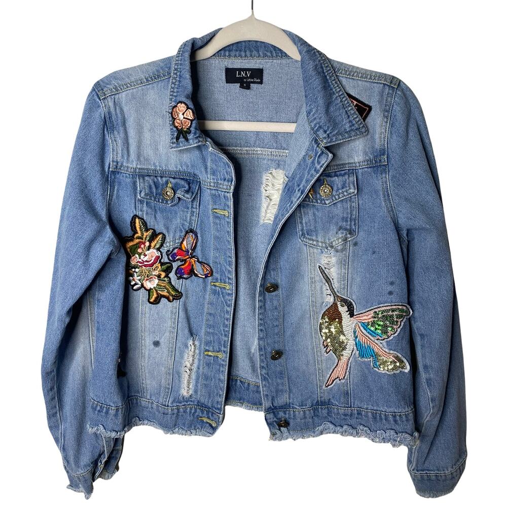 Lea Viola Embroidered Patch Distressed Denim Jacket Hummingbird Floral S